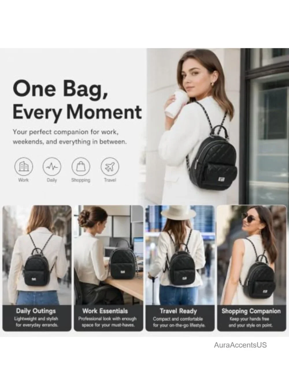 Quilted Mini Backpack Purse, Chain Strap Vegan Leather, 3 Ways to Wear